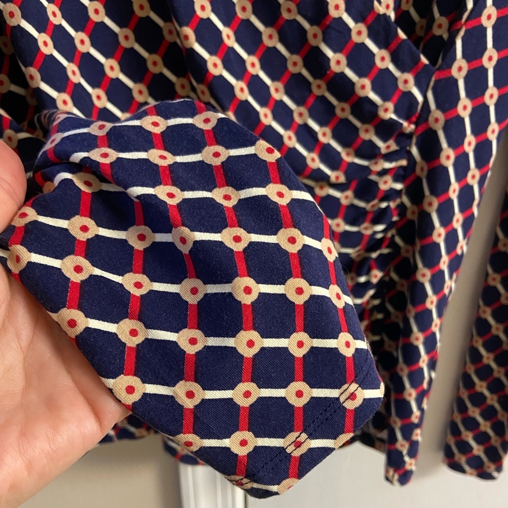 Talbots navy red trellis dot print surplice long sleeve blouse Large petite NWT - Picture 6 of 8